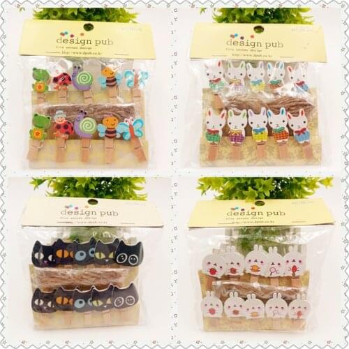 10pcs Kawaii snails rabbit Wooden Clips Photo Paper Craft Memo Clip With Hemp Rope DIY Clothes Peg Message Stickers Decoration