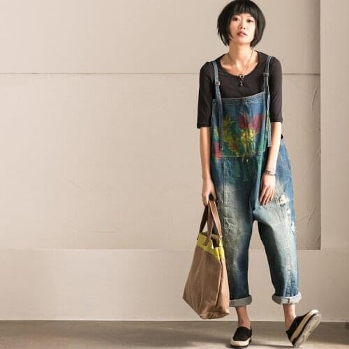 2017 female new spring casual retro painted finishing 100% cotton hole plus size suspenders jeans pants