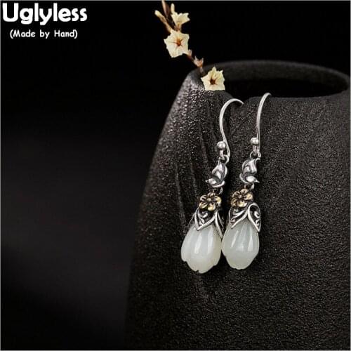 Uglyless Real Solid 925 Sterling Silver Butterfly Earrings for Women Thai Silver Flower Earrings Natural Jade Magnolia Brincos