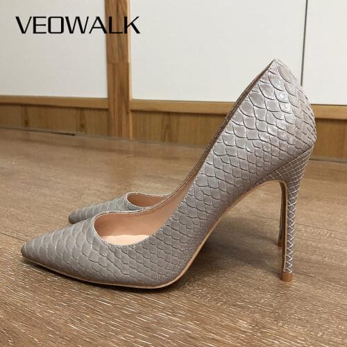 Veowalk Grey Crocodile Efeect Embossed Women Pointy Toe High Heels Colors Customize Sexy Ladies Stilettos Slip On Party Shoes