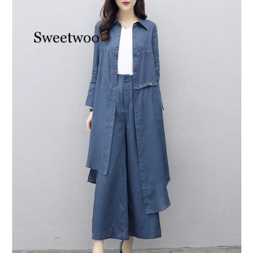 Large Big Size Womens Set 2020 Spring New Fashion Suit Casual Denim Casual Two-Piece Irregular Shirt+Wide Leg Pants Temperament