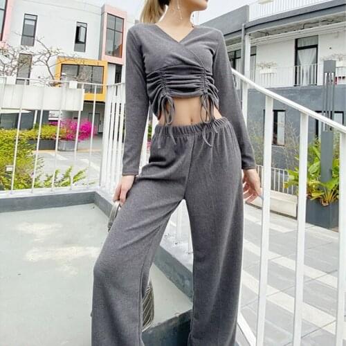 Women Sexy v-neck Knitted Two-Piece Sets 2021 Spring summer Ladies Long Sleeves Tops&Long Pants Elegant Solid Color Leisure Suit
