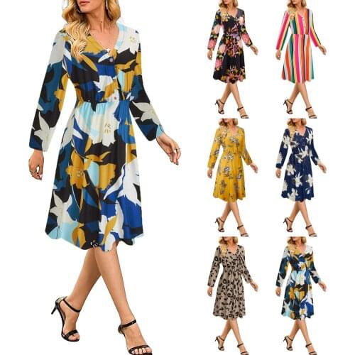 Dress With Floral Pattern Autumn 2021 Women Clothing Long Sleeve Midi Large Size Elegant Casual 2021 Fashion V Neck Slim Fit