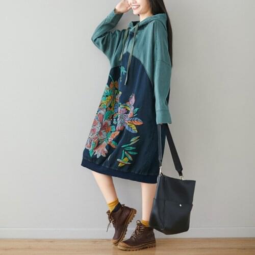 Womena Autumn Patchwork Print Hooded Dress Ladies Bat Sleeve Plus Size Dress Female Vintage Oversize Dress 2019 Spliced Dresses