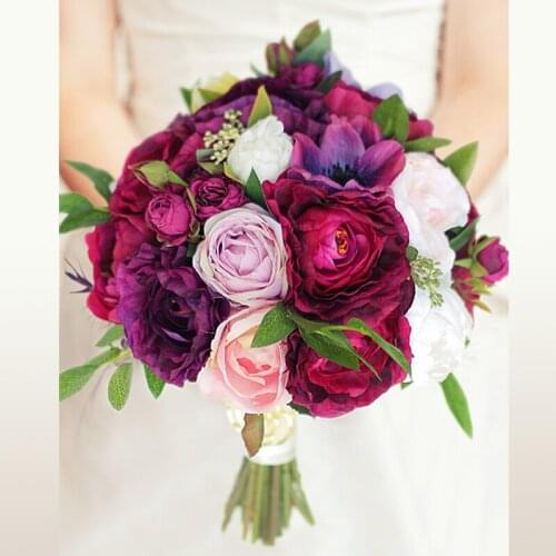 Iffo custom wedding simulation bouquet wine red deep purple powder peony anemone rose forest wedding bouquet