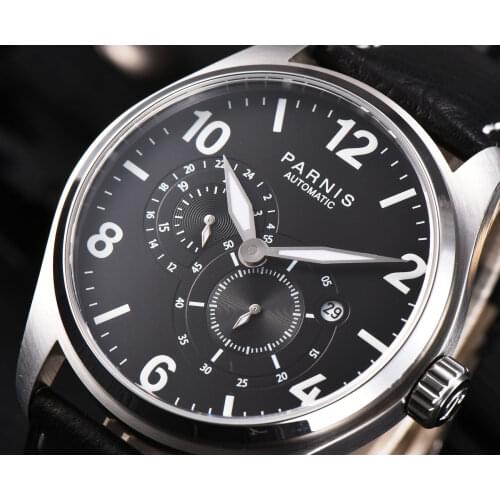 Fashion Parnis 44mm Automatic Mechanical Men Watch Luminous Leather Strap Calendar Mens Watches gift for man montre homme 2019
