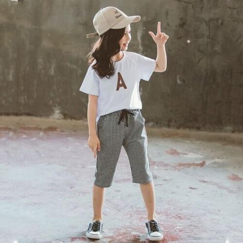 Kids girls summer suit 2pcs A letter printed short-sleeved T-shirt + plaid Shorts new big virgin suit 4-12 years old