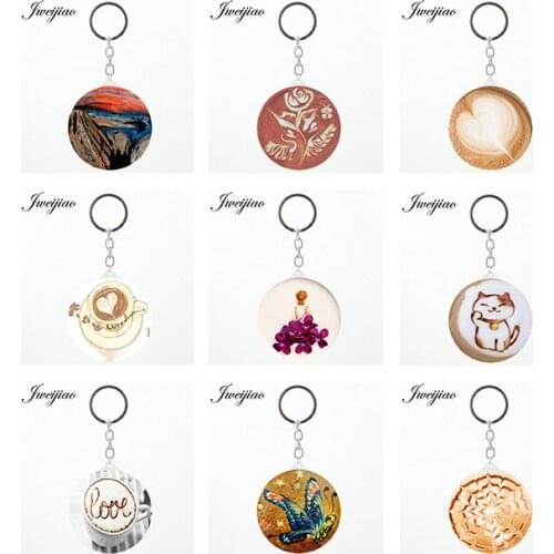 JWEIJIAO coffee Key Rings Vanity mirror Chocolate Printing Flower Four Leaf Clover Cat Charm moive espejo de maquillaje QF300
