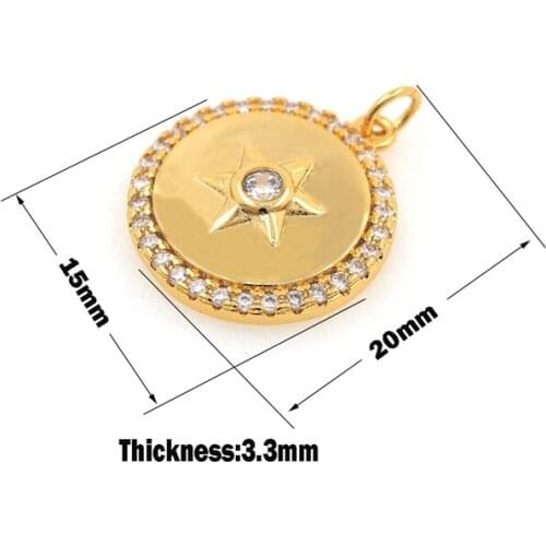 Round Polaris Coin Charm Gold Disc Polaris Necklace Micropavé Bracelet Charm Disc Star Charm DIY Jewelry Components 20×15×3.3mm