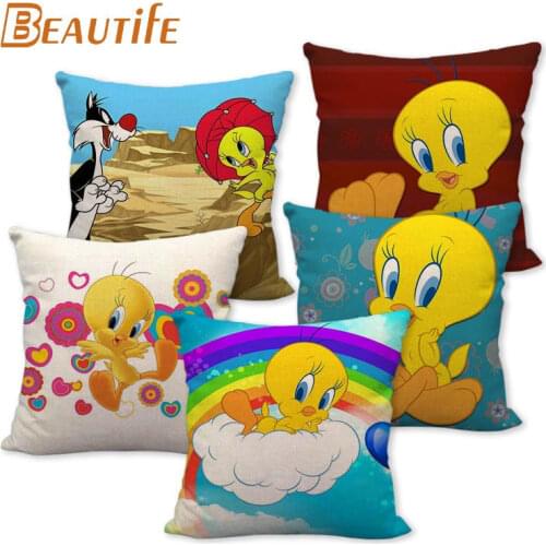 45X45cm Tweety Bird Cartoon Pillow Cover Square Zipper Cotton Linen Fabric Pillow Cases Bedroom Home Decorative Boys Girls Gift