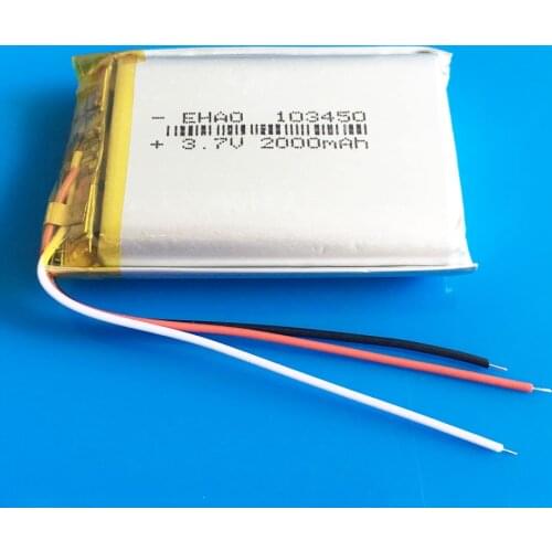 103450 3 wires 2000mAh 3.7V lipo polymer lithium rechargeable battery for MP3 GPS navigator DVD recorder headset e-book camera