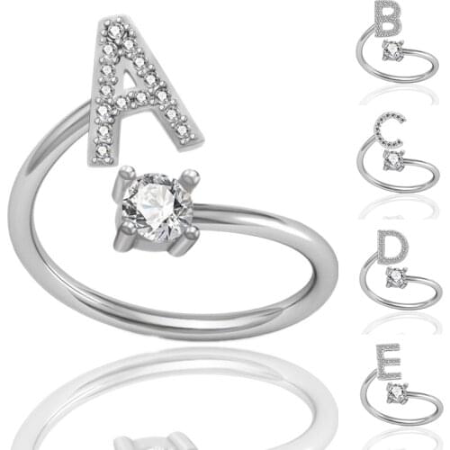 Fashion 26 Letters Crystal Ring for Women Rhinestone Open Finger Rings Female Engagement Initials Ring Jewelry Party