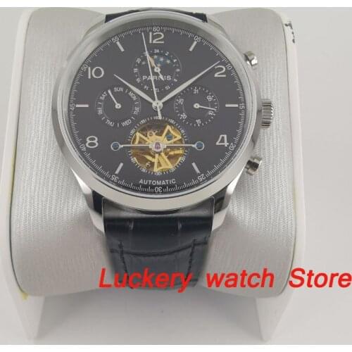 Parnis 43mm Automatic mechanical watches black dial moon week date 24 hours Automatic mens watches PA126