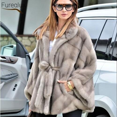 FUREALUX 2021 New Fashion Natural Real Mink Fur Coat Winter Trend Bat Shirt Thick Warm Womens Cloak Support Wholesale Purchase