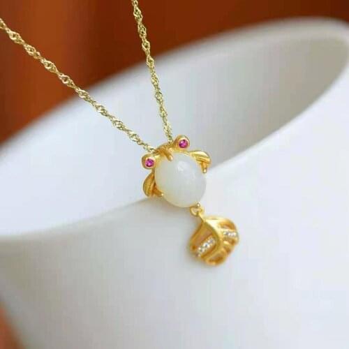 2021New 925 Ancient Silver Goldfish Necklace Inlaid with Natural Hetian Jade Egg Face Pendant Is The Best Gift for Couples