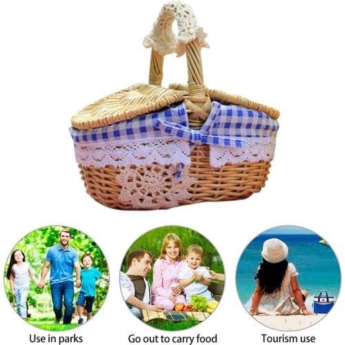 Rattan Woven Outdoor Picnic Basket Country Style Wicker Hamper with Lid Handle Handmade Liners Food Fruit Storage Small Basket
