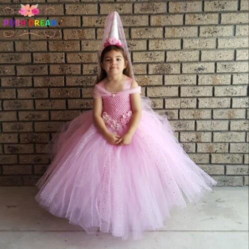 POSH DREAM Pink Glittery Ball Gown Kids Tutu Dress Pony Unicorn Party Children Costume Pink Sequins Tulle Flower Girl Dress