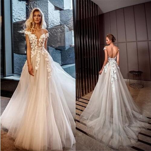 Chic V-neck Tulle With Applique Lace Cap Sleeves A-line Backless Wedding Dress vestido noiva