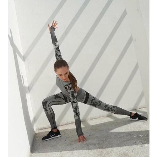 SALSPOR Tracksuit Female Two Piece Set Women Crop Top High Waist Leggings Sport Women Fitness Breathable Camouflage Sportswear