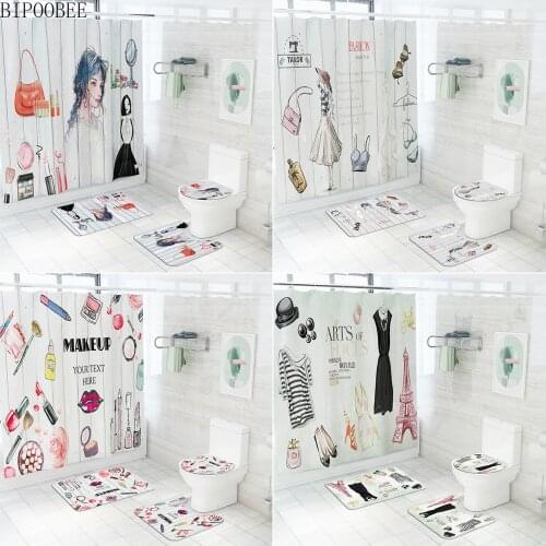 Lipstick Bag Fashion Lady Print Shower Curtain Fabric Waterproof Polyester Bathroom Curtain Bath Mats Pedestal Non-slip Rug