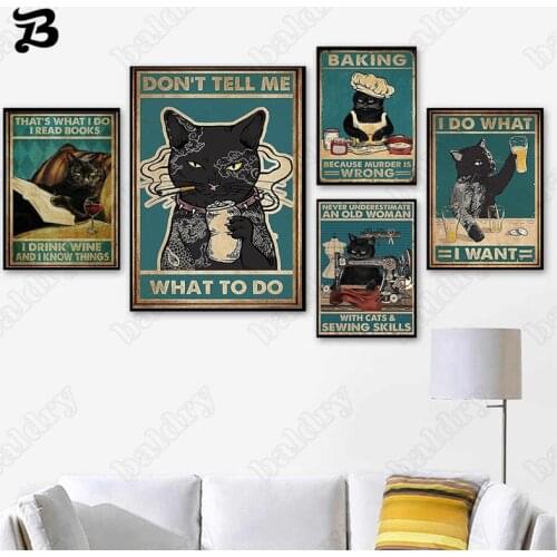 Vintage Funny Canvas Painting Cartoon Black Cats Posters and Prints Wall Art Pictures for Living Room Bedroom Home Decoration