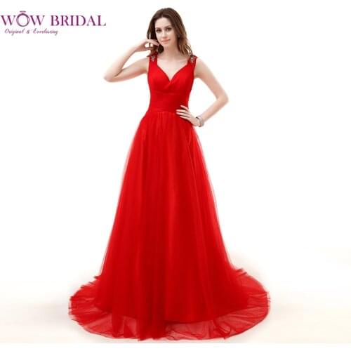 Wowbrial Graceful Red Prom Dress 2021 Tank V-Neck Crystal Appliqued Sequins Beaded Chiffon Draped Ball Gown Ruched Party Dress