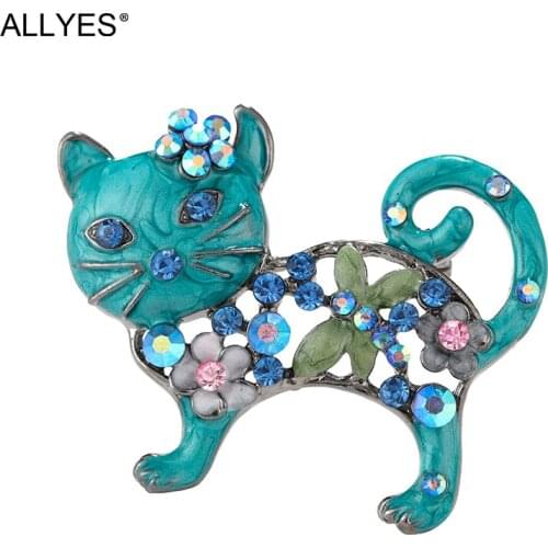 ALLYES Blue Crystal Flower Cat Brooches For Women Fashion Metal Enamel Pin Cute Animal Brooch Jewelry