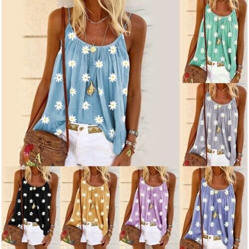 Womens t-Shirt Daisy Printed Camisole Top Fashion Female Summer Casual Loose Top Sleeveless t-Shirt Girls Sweet Tops Plus Size