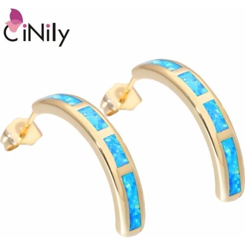 CiNily White & Blue Fire Opal Stone Long Stud Earrings Yellow Gold Color Chic Office Career OL Korean Jewelry Best Gifts Woman