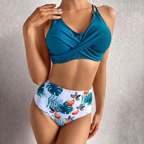 21 New Swimwear Women High Waist Solid Push Up Ribbed Bikini Printing Hip Lift Sexy Fashionable Biquini Swimming Pool Beach Wear