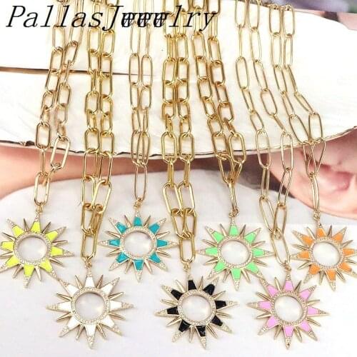 5Pcs 2021 Newest Beautiful Enamel CZ Flower Pendant Necklace Oval Link Chain Toggle Clasp Accessory Jewelry New