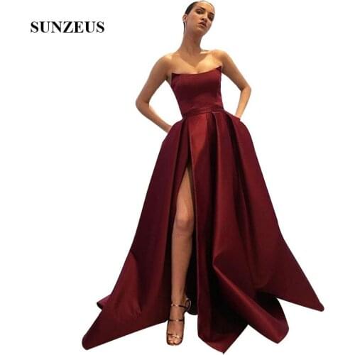 Burgundy Evening Dresses A-line Strapless Long Formal Women Gowns Satin Party Dress With High Slit