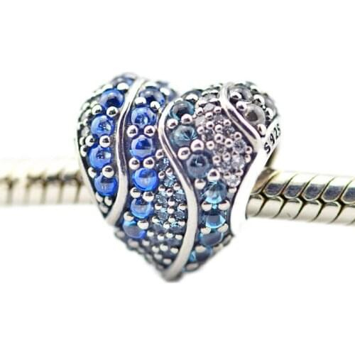 Mixed Blue Stones Heart Crystal Beads Fit Charm Bracelet & Necklace Femme Fashion 925 Sterling Silver Beads for Jewelry Making