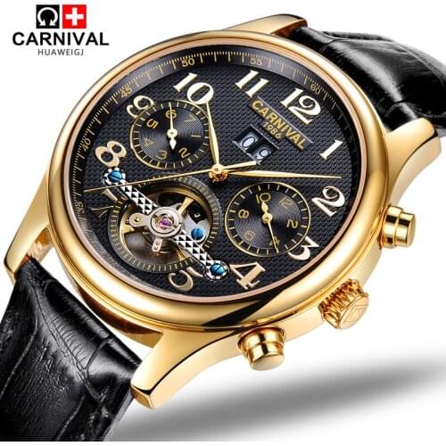 Carnival tourbillon waterproof Watch Men Stainless steel Sapphire Automatic Mechanical black leather Watch relogio masculine