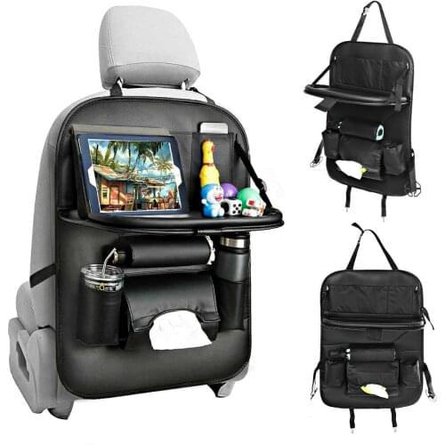 Travel Folding PU Leather Car Seat Back Organiser Storage Bag Tray Foldable Table Cup Holder Auto Accessories
