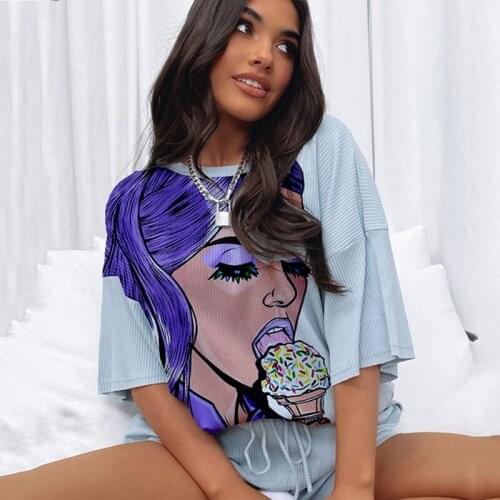 Hip Hop Chic Beauty Eat Ice Cream Print 2 Piece Set Women T Shirt Pullover Short Sleeve Casual Short Sets Streetwear Summer 2021
