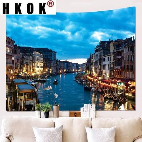 HKOK River Boat Lights City Tapestry Hanging Covering Rugs Background Cloth Beach Mat Blanket Art Bedroom Living Home Deco