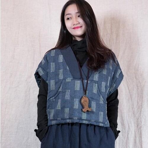 Cotton linen Japanese women daily leisure national style travel Art RETRO STYLE V-neck thickened warm Shoulder protector vest