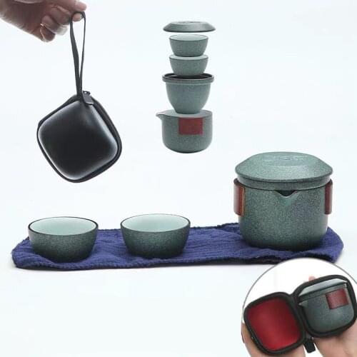 Ceramic Office Teapot Simple Black Pottery Kung Fu Gaiwan Teacup Porcelain Tea Sets with Bag Portable Tea Pot Travel Drinkware