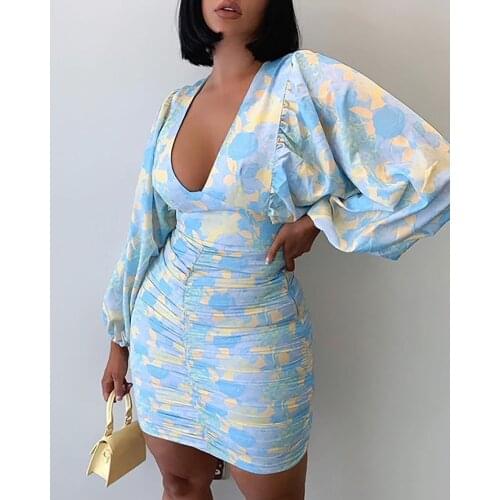 CHRONSTYLE Summer Fashion High Wasit Floral Print Women Dress Sexy V Neck Autumn Elegant Slim Lantern Long Sleeve Bodycon Dress