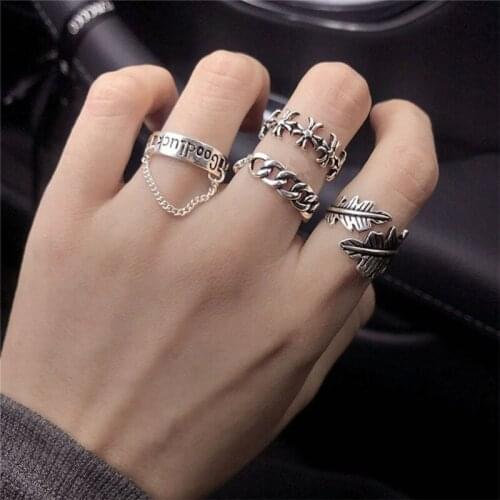 Kpop Fashion Open Rings for Women Men Geometric Chain Leaf Cross Finger Ring Hip Hop Jewelry Anel Wholesale Good Luck Rings