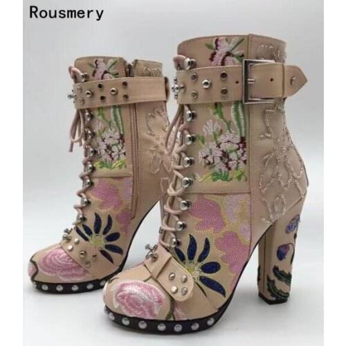 2017 new lace embroidery upper high-heeled Ladies boots lace-up buckle mid-calf boots rivet round-toe motorcycle boots