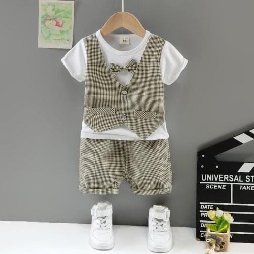 New Summer Baby Boys Gentleman Clothes Set Infant Kids Plaid Vest Fake Two T-shirt with Bow Tie+Shorts Toddler Girls Outfits