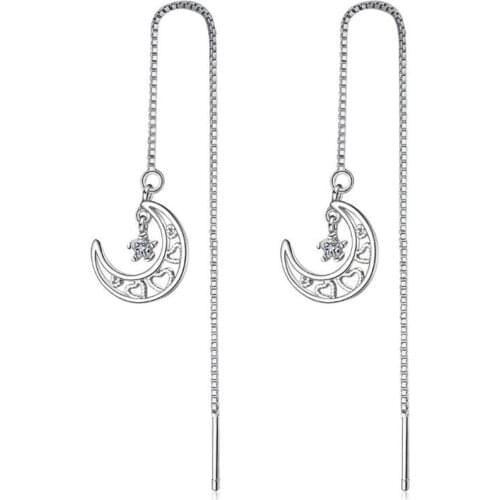 New Fashion Heart Shaped Moon And Star Crystal 925 Sterling Silver Jewelry Ear Line Hollow Exquisite Dangle Earrings SE613