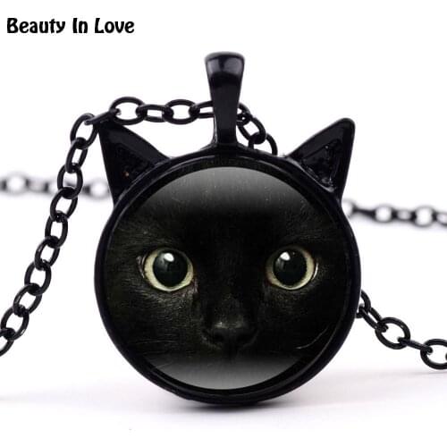 Hot Black Cat Kitty Animal Necklace Chakra Pendant Choker Glass Cabochon Chain Antique Women Men Jewelry Metal Key Chain F296