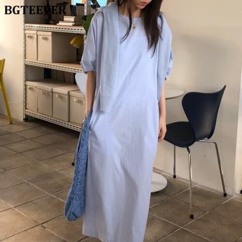 BGTEEVER Summer Chic Short Sleeve Drawstring Women Mid-length Dress 2020 O-neck Behind Split Loose Female Dress Casual Vestidos