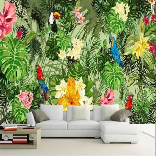 Hand-painted tropical plants cartoon background wall custom large wallpaper murals 3D photo wall manufacturers wholesale