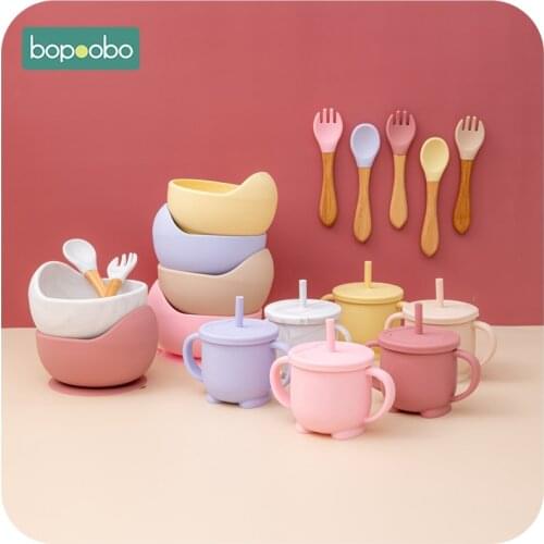 Silicone Baby Feeding Bowl 4pc/1set Tableware Waterproof Baby Learning Suction Bowl Set Wood Fork Spoon Non-Slip For Child Learn