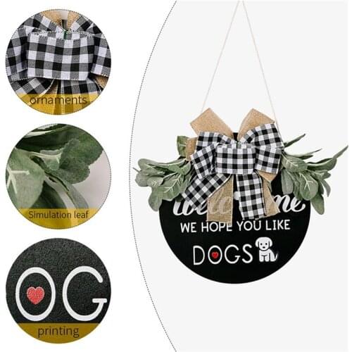 Dogs Welcome Door Hanging Wreath Door Front Decoration Plaques Pet Dog Reminder Signs Home Big Plaid Bow Wreath House Decor