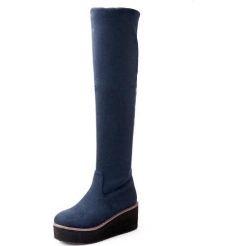 Womens Platform Stretchy Faux Suede Over The Knee Boots Slim Fit Elegant Lady Shoes Botas Feminina Round Toe Slip On Footwear